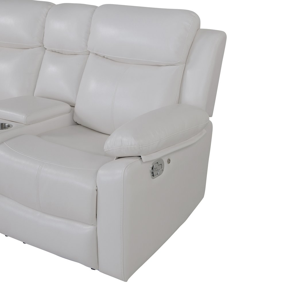 Off White Faux Leather Reclining Curved Six Piece Sectional With LED And Console HomeRoots