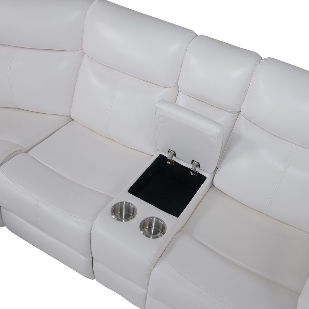 Off White Faux Leather Reclining Curved Six Piece Sectional With LED And Console HomeRoots