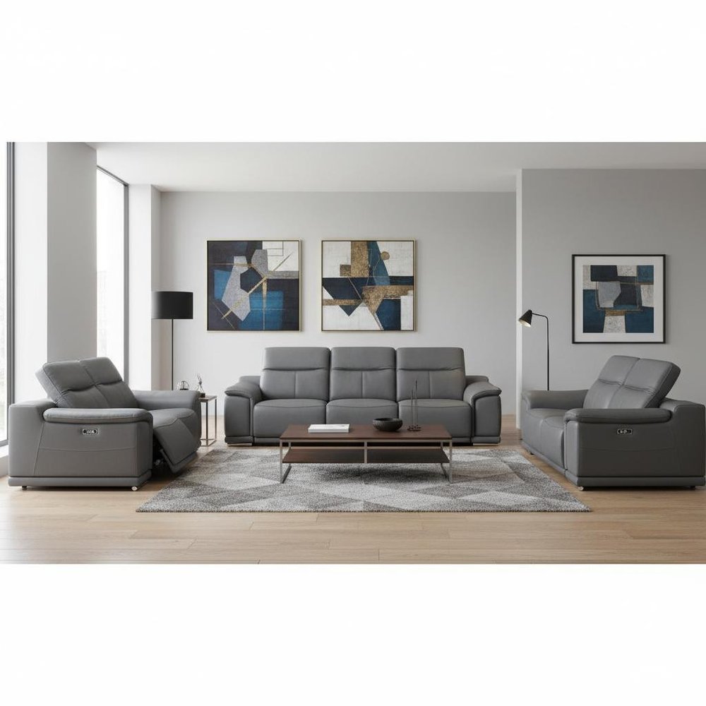 Three Piece Battleship Gray Genuine Leather Six Person Seating Set — view 8