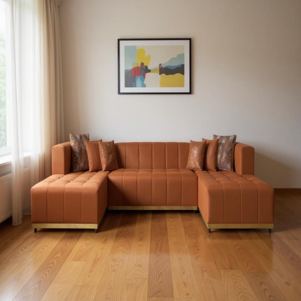 Orange Velvet U Shaped Three Piece Sofa and Chaise Sectional With Toss Pillows HomeRoots