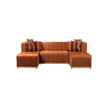 Orange Velvet U Shaped Three Piece Sofa and Chaise Sectional With Toss Pillows HomeRoots