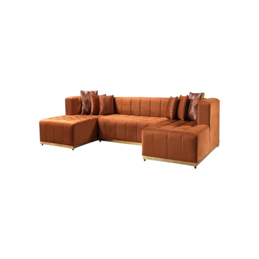 Orange Velvet U Shaped Three Piece Sofa and Chaise Sectional With Toss Pillows HomeRoots