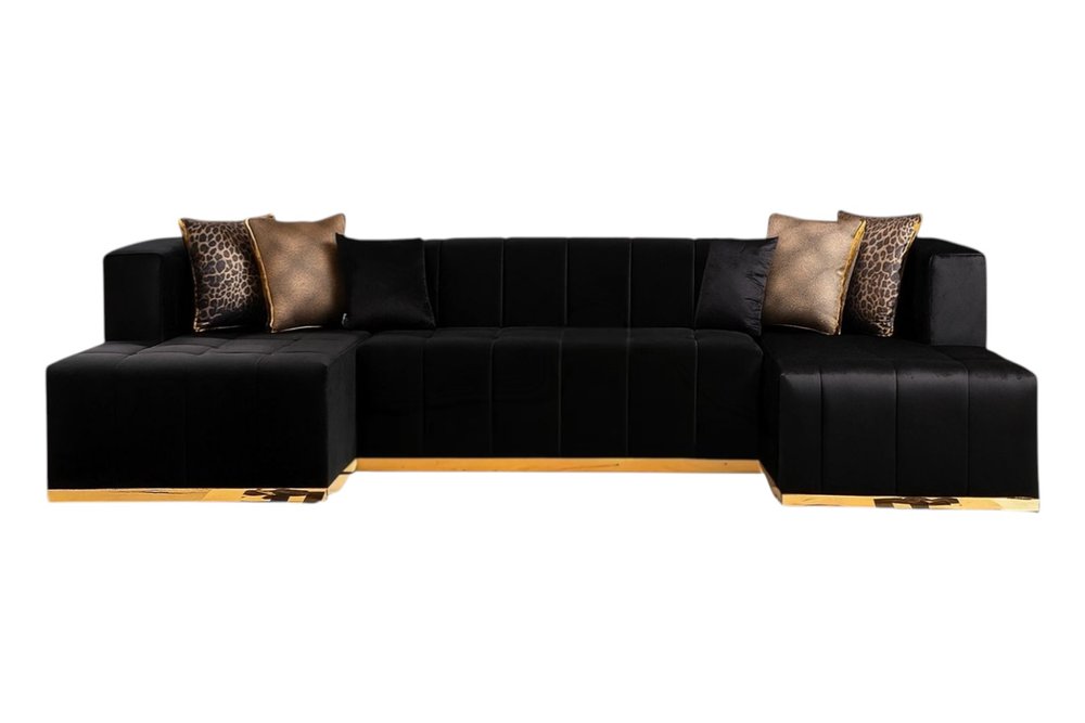 Black Velvet U Shaped Three Piece Sofa and Chaise Sectional With Toss Pillows HomeRoots