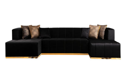 Black Velvet U Shaped Three Piece Sofa and Chaise Sectional With Toss Pillows HomeRoots