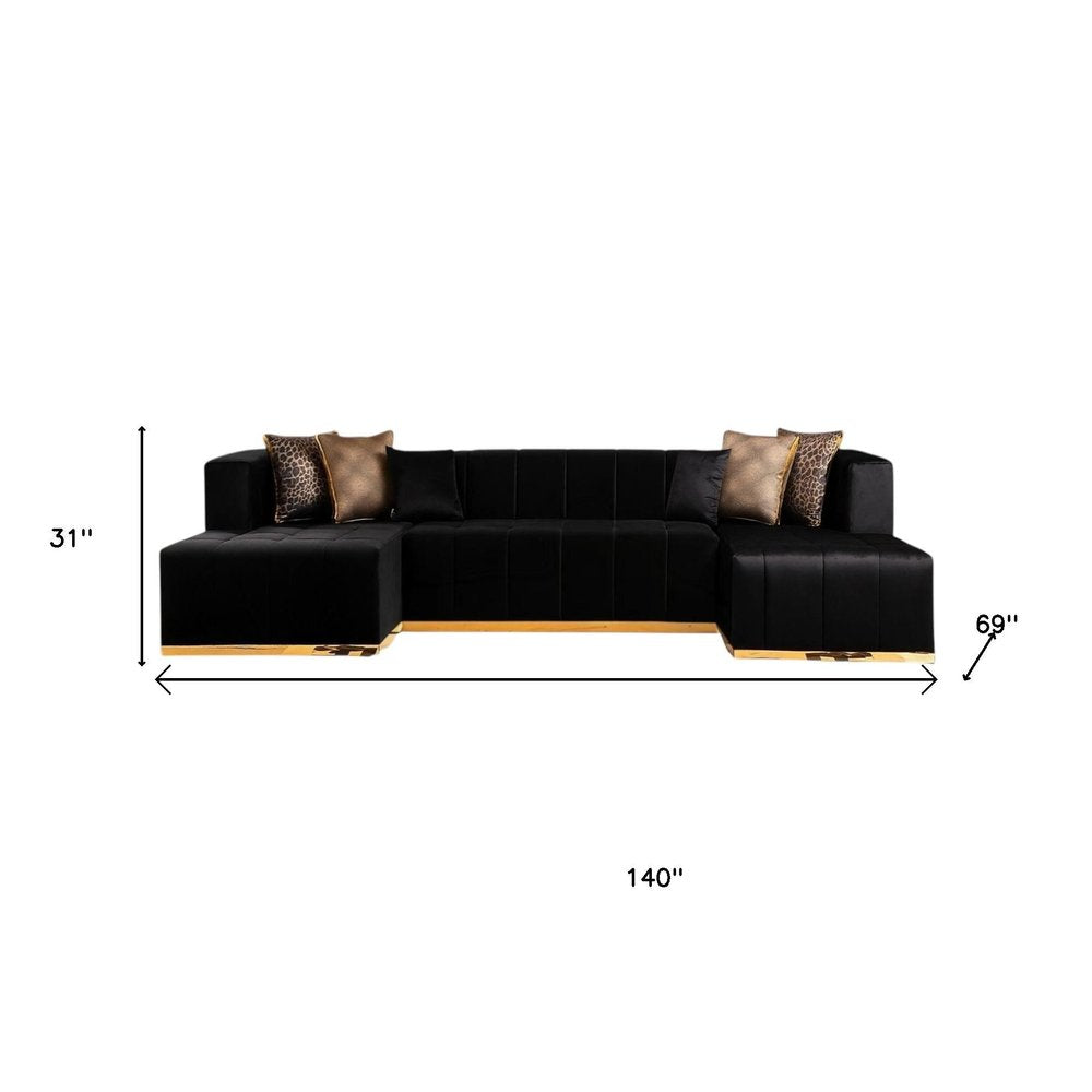 Black Velvet U Shaped Three Piece Sofa and Chaise Sectional With Toss Pillows HomeRoots