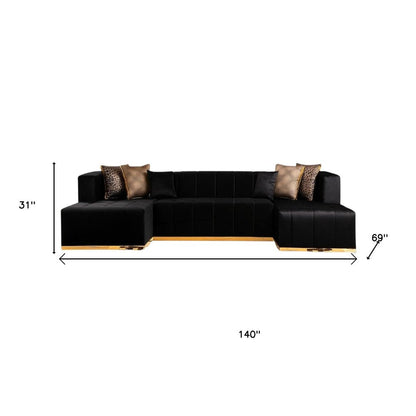 Black Velvet U Shaped Three Piece Sofa and Chaise Sectional With Toss Pillows HomeRoots