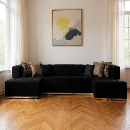 Black Velvet U Shaped Three Piece Sofa and Chaise Sectional With Toss Pillows HomeRoots