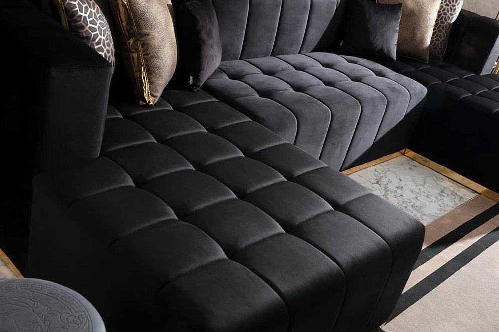 Black Velvet U Shaped Three Piece Sofa and Chaise Sectional With Toss Pillows HomeRoots