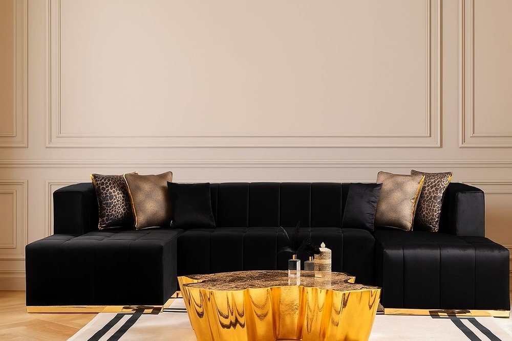 Black Velvet U Shaped Three Piece Sofa and Chaise Sectional With Toss Pillows HomeRoots