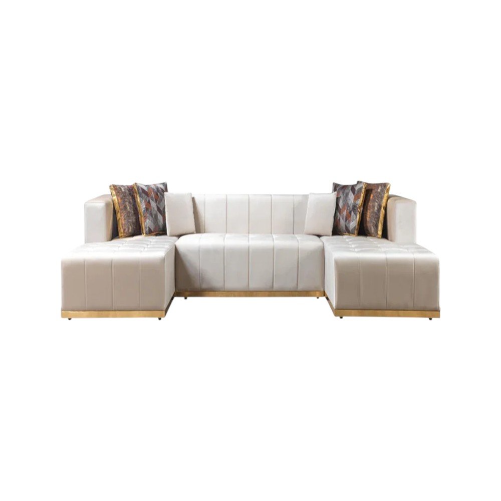 Ivory Velvet U Shaped Three Piece Sofa and Chaise Sectional With Toss Pillows HomeRoots