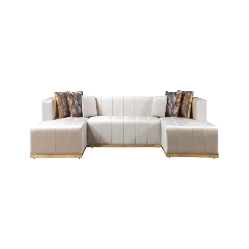 Ivory Velvet U Shaped Three Piece Sofa and Chaise Sectional With Toss Pillows HomeRoots