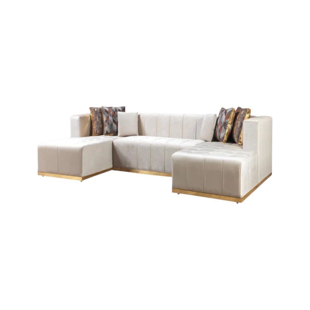 Ivory Velvet U Shaped Three Piece Sofa and Chaise Sectional With Toss Pillows HomeRoots