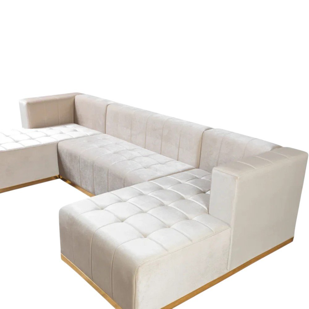 Ivory Velvet U Shaped Three Piece Sofa and Chaise Sectional With Toss Pillows HomeRoots