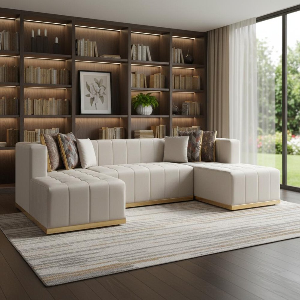 Ivory Velvet U Shaped Three Piece Sofa and Chaise Sectional With Toss Pillows HomeRoots