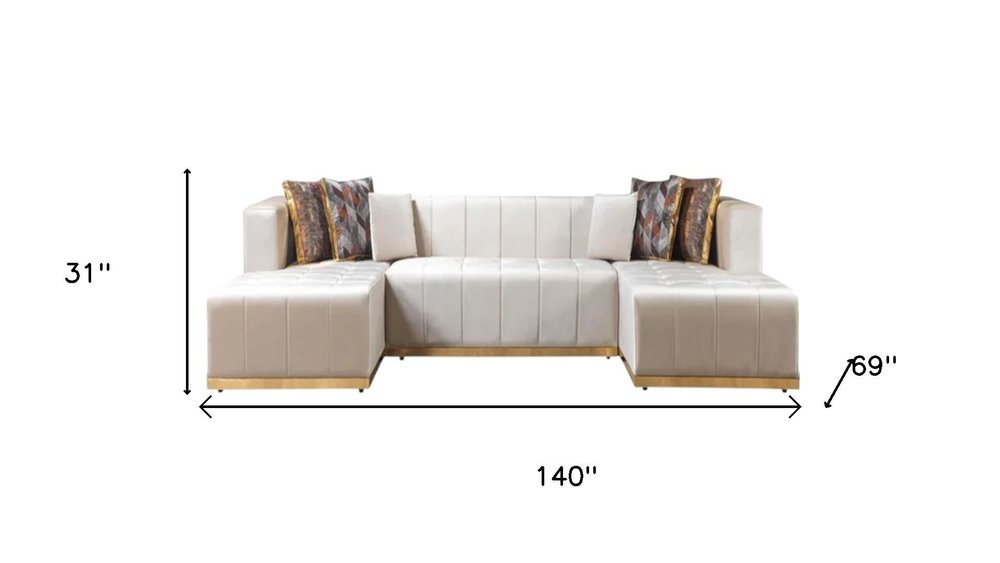 Ivory Velvet U Shaped Three Piece Sofa and Chaise Sectional With Toss Pillows HomeRoots