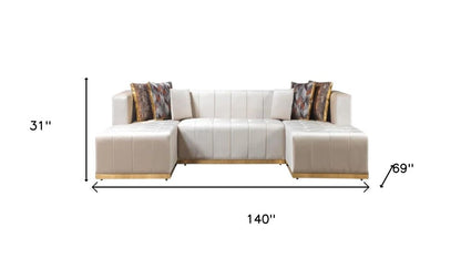 Ivory Velvet U Shaped Three Piece Sofa and Chaise Sectional With Toss Pillows HomeRoots