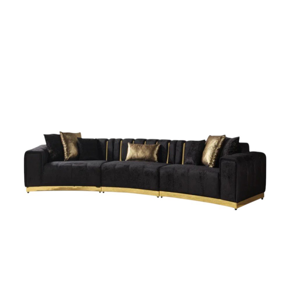 Black Velvet Curved Three Piece Sectional With Toss Pillows HomeRoots