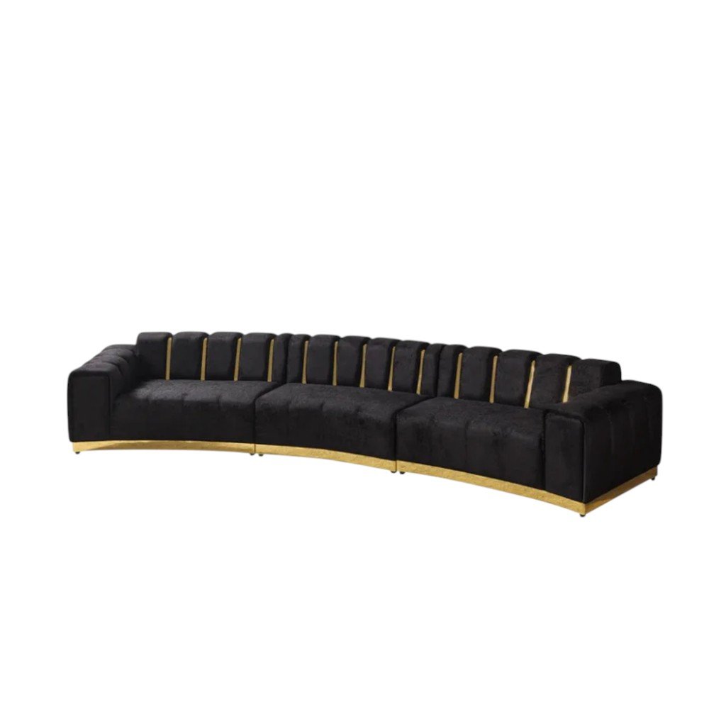 Black Velvet Curved Three Piece Sectional With Toss Pillows HomeRoots