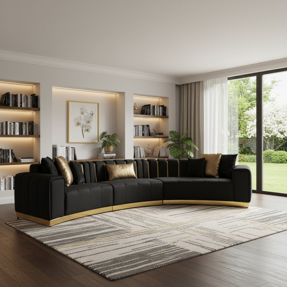 Black Velvet Curved Three Piece Sectional With Toss Pillows HomeRoots