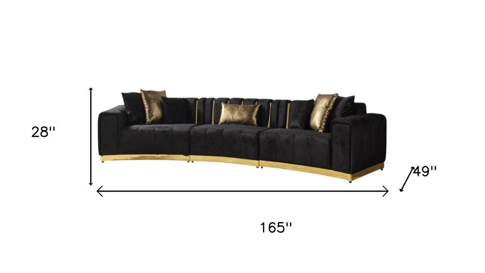 Black Velvet Curved Three Piece Sectional With Toss Pillows HomeRoots
