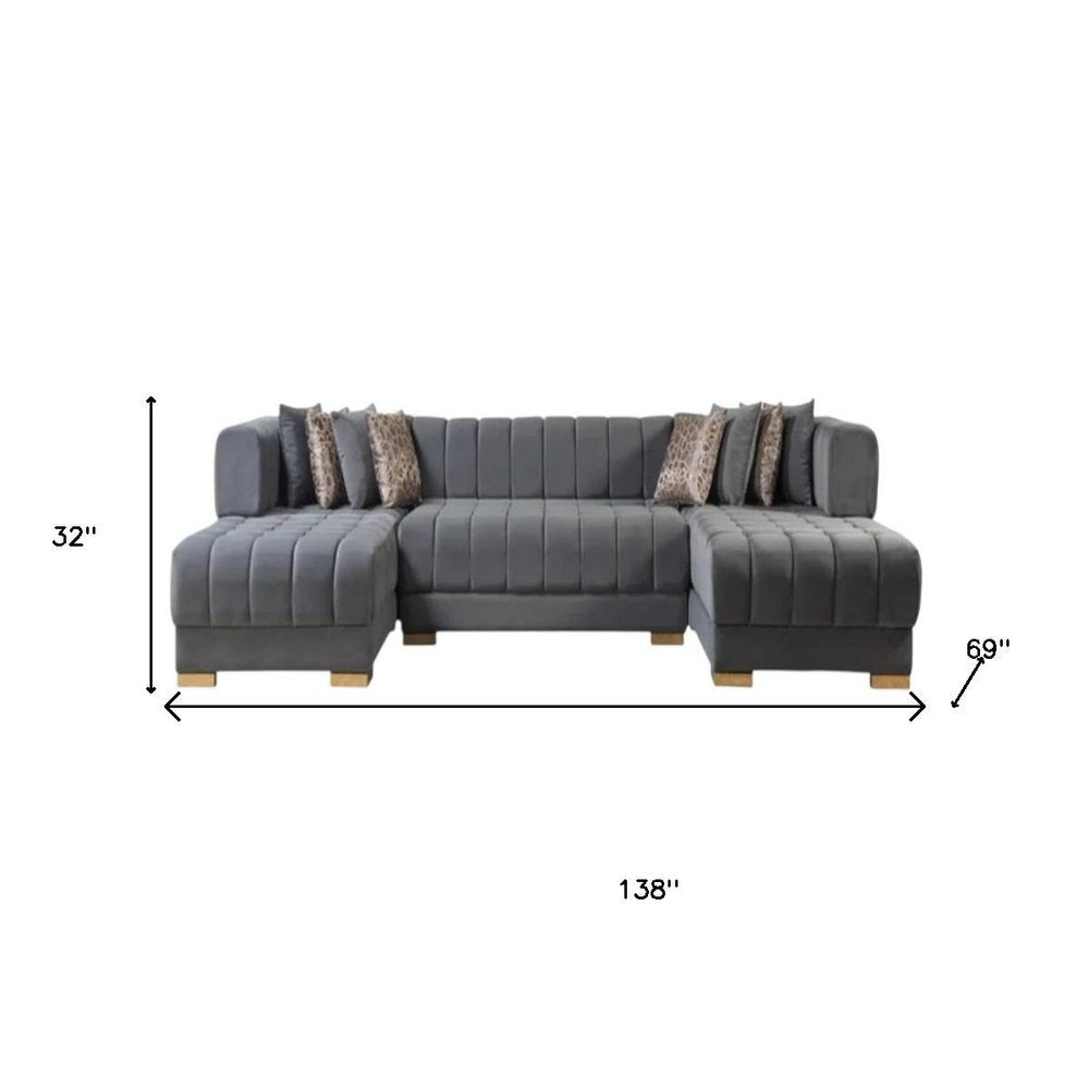 Gray Velvet U Shaped Three Piece Sofa and Chaise Sectional With Toss Pillows HomeRoots