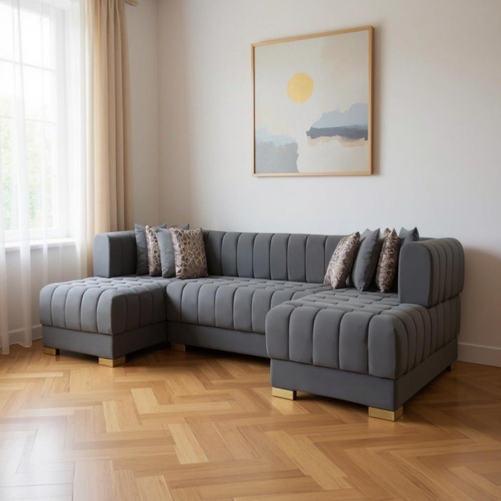 Gray Velvet U Shaped Three Piece Sofa and Chaise Sectional With Toss Pillows HomeRoots