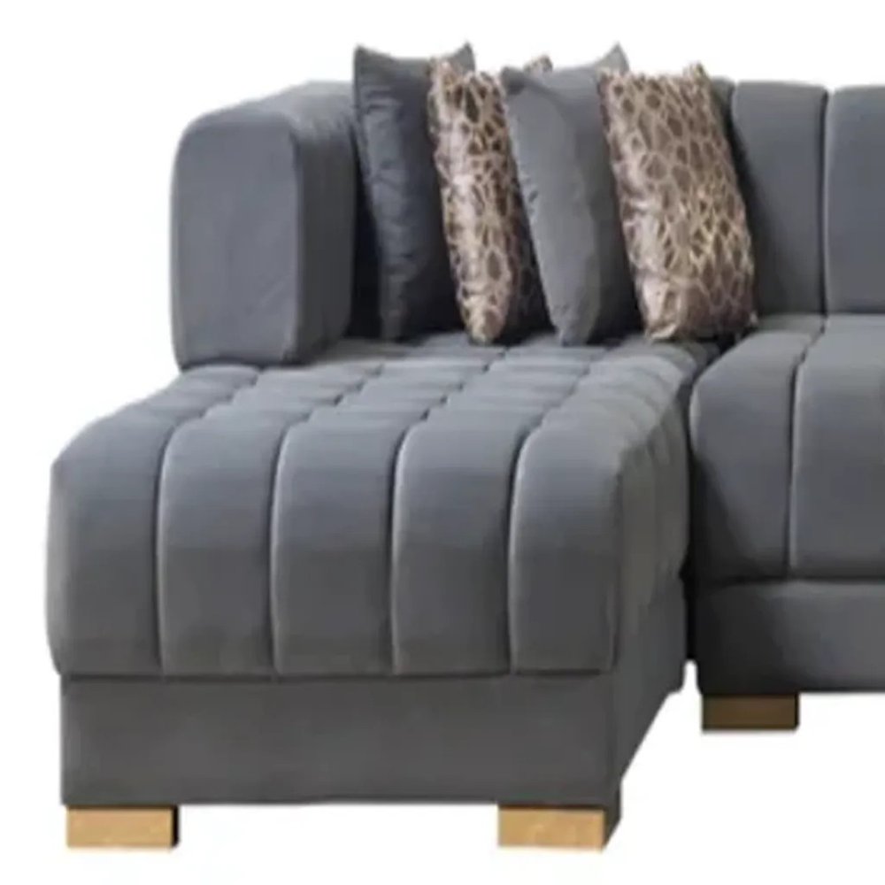 Gray Velvet U Shaped Three Piece Sofa and Chaise Sectional With Toss Pillows HomeRoots