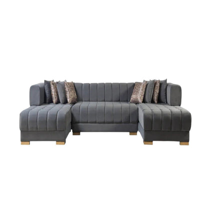 Gray Velvet U Shaped Three Piece Sofa and Chaise Sectional With Toss Pillows HomeRoots
