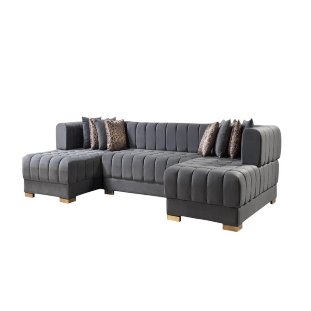 Gray Velvet U Shaped Three Piece Sofa and Chaise Sectional With Toss Pillows HomeRoots