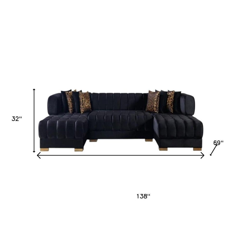 Black Velvet U Shaped Three Piece Sofa and Chaise Sectional With Toss Pillows HomeRoots