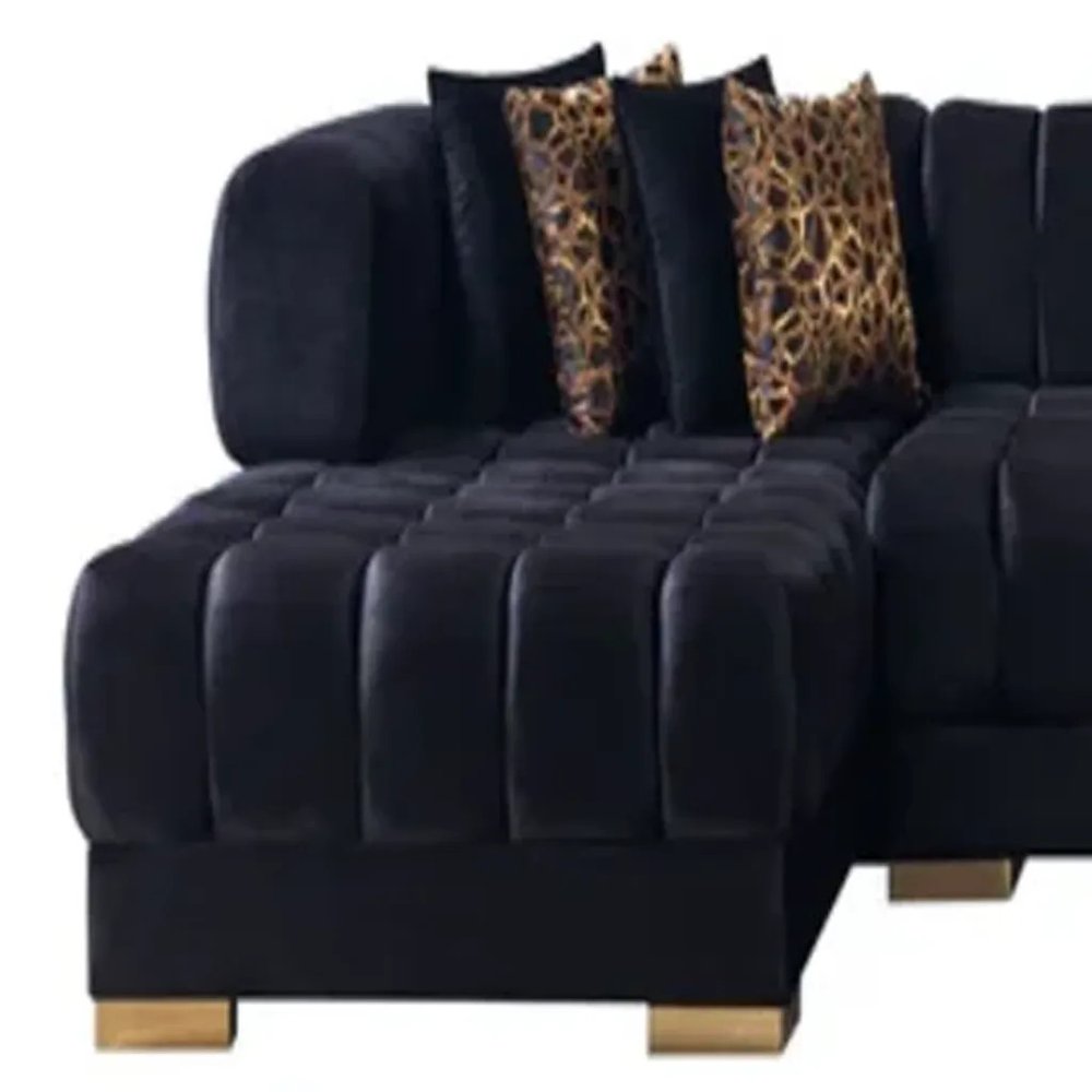 Black Velvet U Shaped Three Piece Sofa and Chaise Sectional With Toss Pillows HomeRoots