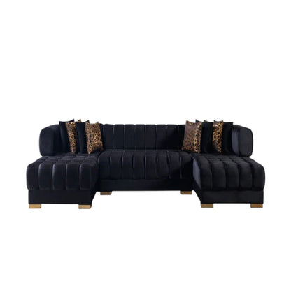 Black Velvet U Shaped Three Piece Sofa and Chaise Sectional With Toss Pillows HomeRoots