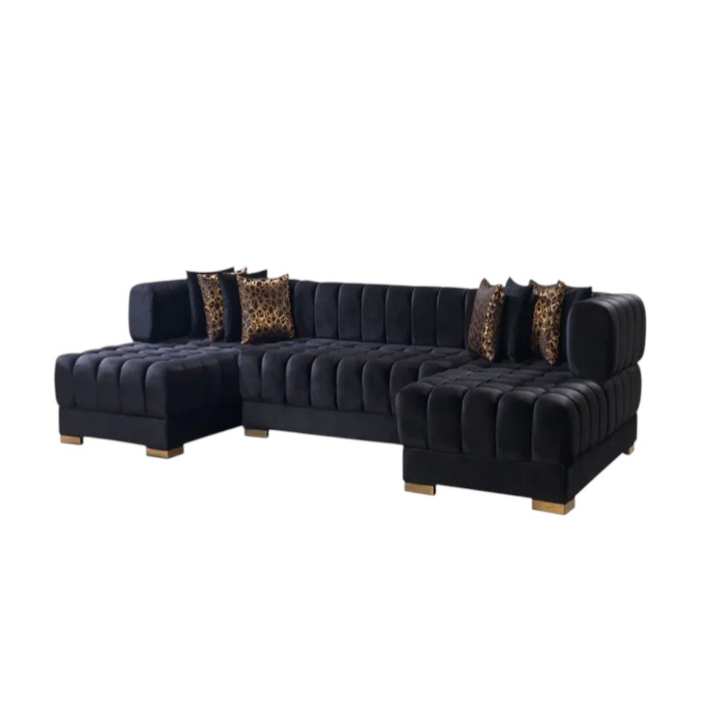 Black Velvet U Shaped Three Piece Sofa and Chaise Sectional With Toss Pillows HomeRoots