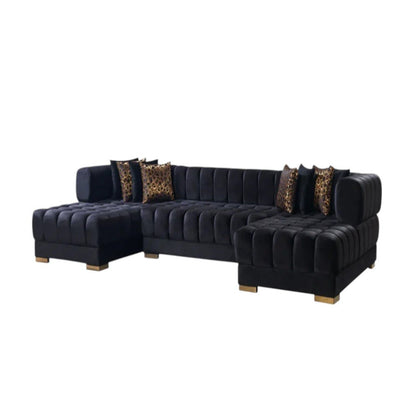 Black Velvet U Shaped Three Piece Sofa and Chaise Sectional With Toss Pillows HomeRoots