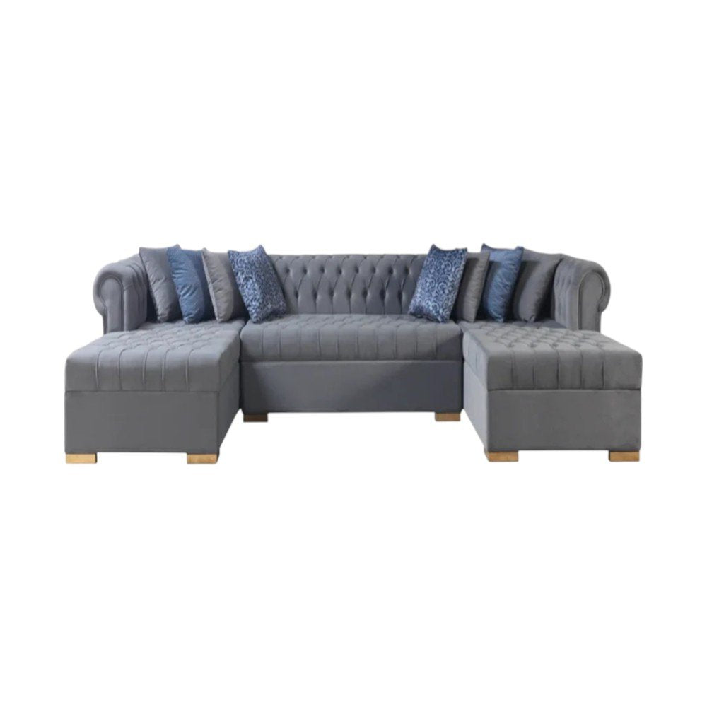 Gray Velvet U Shaped Three Piece Sofa and Chaise Sectional With Toss Pillows HomeRoots