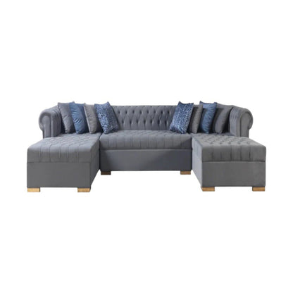 Gray Velvet U Shaped Three Piece Sofa and Chaise Sectional With Toss Pillows HomeRoots
