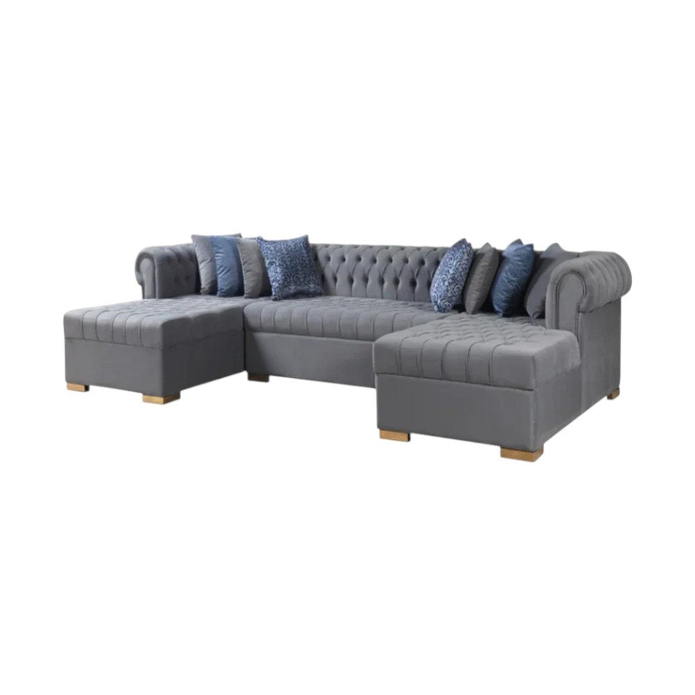 Gray Velvet U Shaped Three Piece Sofa and Chaise Sectional With Toss Pillows HomeRoots