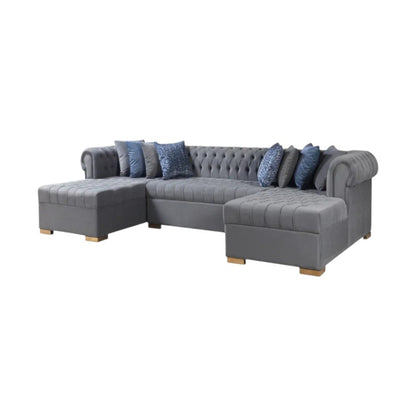Gray Velvet U Shaped Three Piece Sofa and Chaise Sectional With Toss Pillows HomeRoots