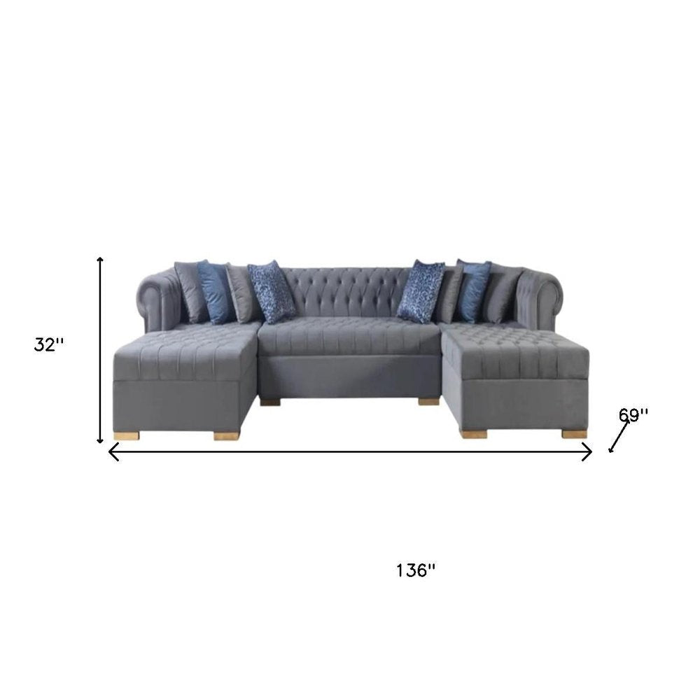 Gray Velvet U Shaped Three Piece Sofa and Chaise Sectional With Toss Pillows HomeRoots