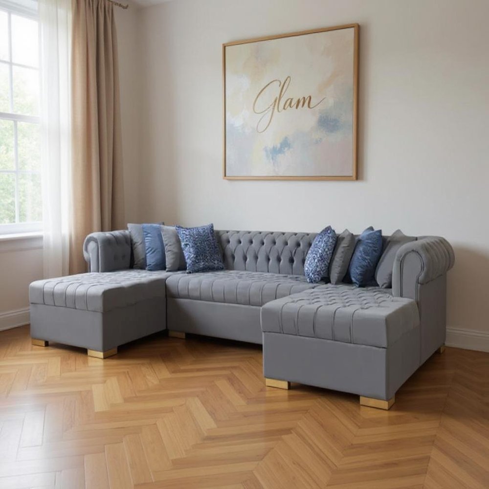 Gray Velvet U Shaped Three Piece Sofa and Chaise Sectional With Toss Pillows HomeRoots
