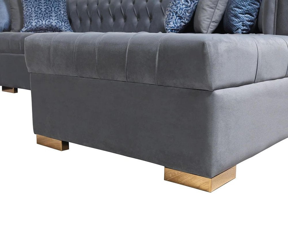 Gray Velvet U Shaped Three Piece Sofa and Chaise Sectional With Toss Pillows HomeRoots