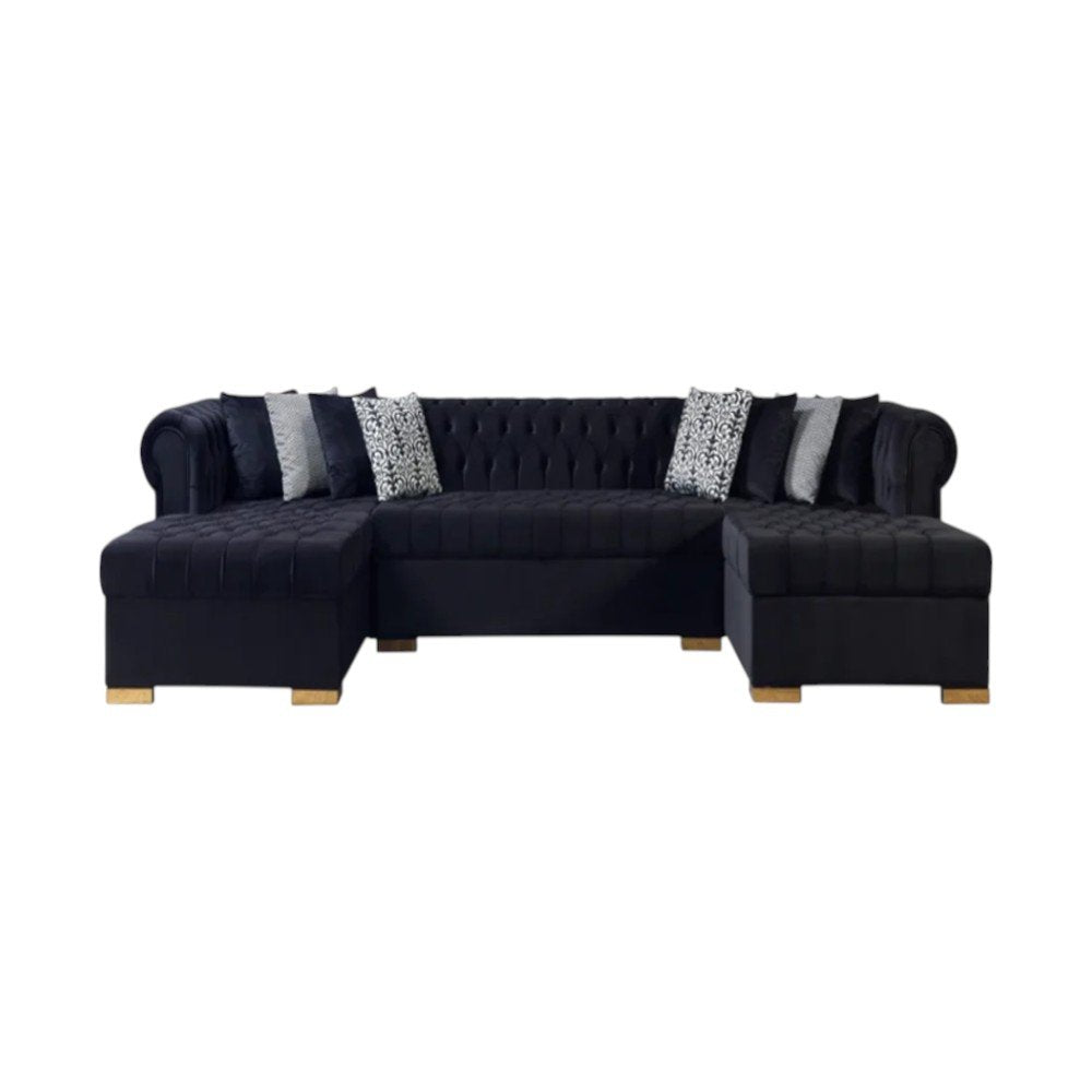 Black Velvet U Shaped Three Piece Sofa and Chaise Sectional With Toss Pillows HomeRoots