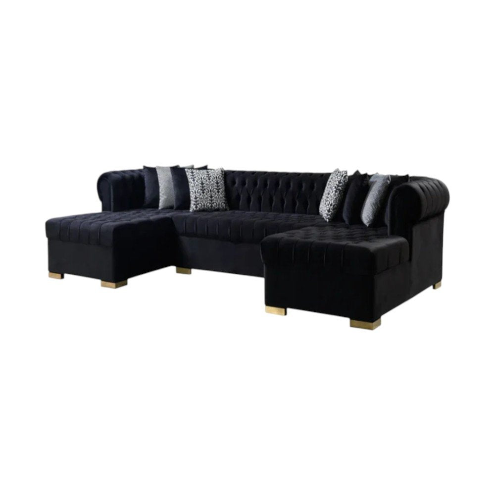 Black Velvet U Shaped Three Piece Sofa and Chaise Sectional With Toss Pillows HomeRoots