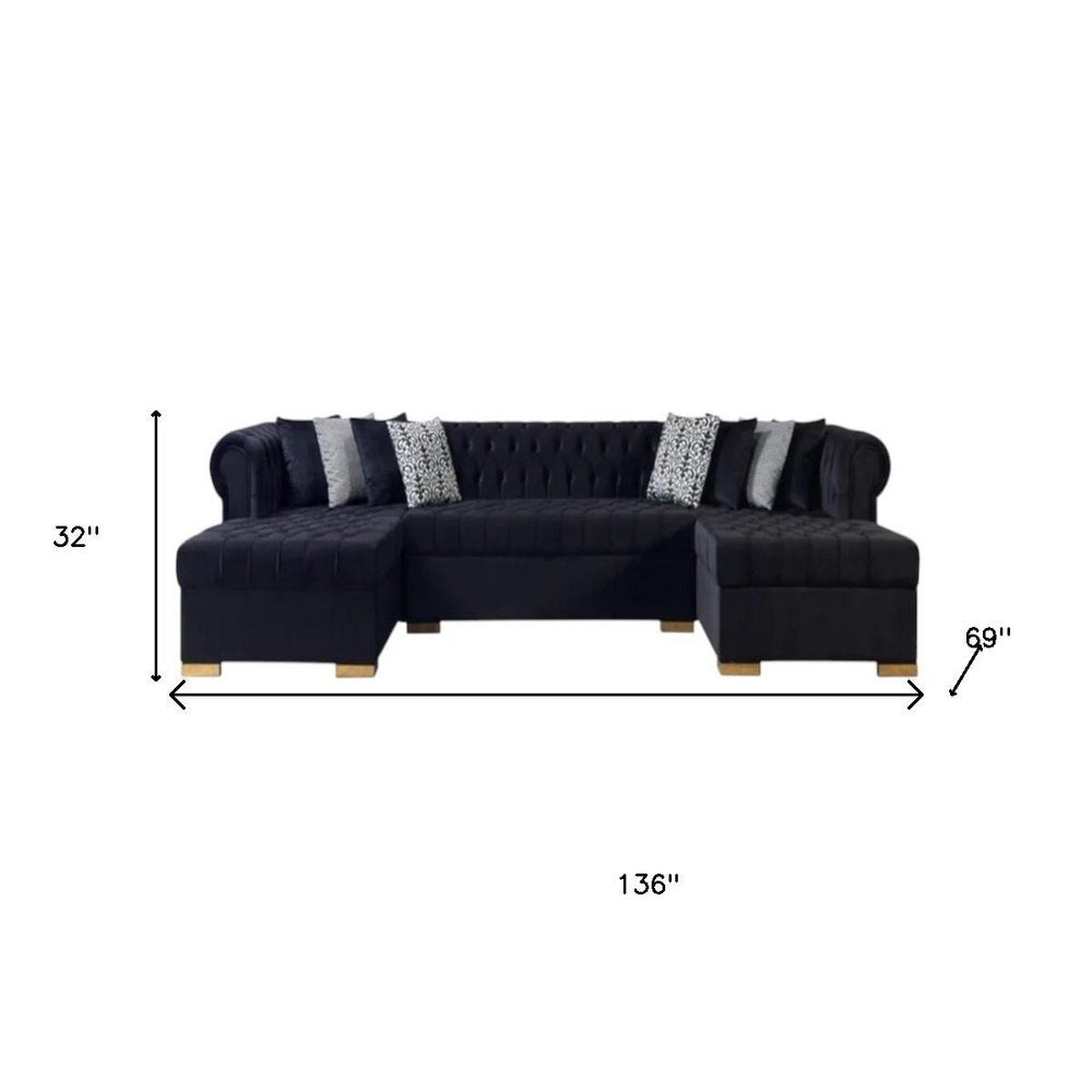 Black Velvet U Shaped Three Piece Sofa and Chaise Sectional With Toss Pillows HomeRoots