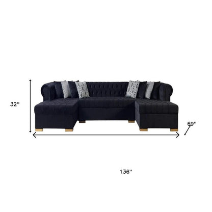 Black Velvet U Shaped Three Piece Sofa and Chaise Sectional With Toss Pillows HomeRoots