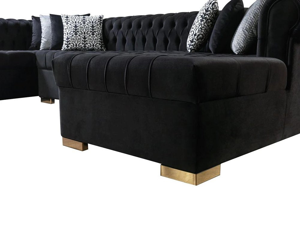 Black Velvet U Shaped Three Piece Sofa and Chaise Sectional With Toss Pillows HomeRoots