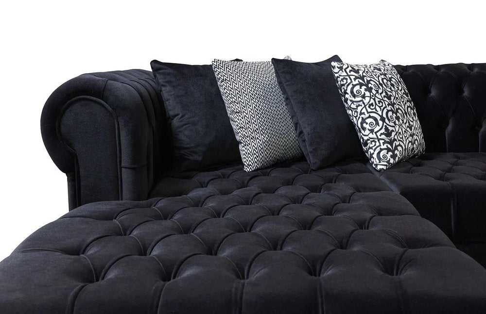 Black Velvet U Shaped Three Piece Sofa and Chaise Sectional With Toss Pillows HomeRoots