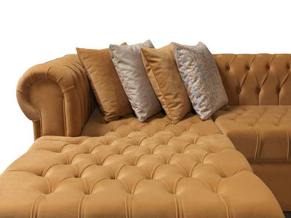 Mustard Velvet U Shaped Three Piece Sofa and Chaise Sectional With Toss Pillows HomeRoots