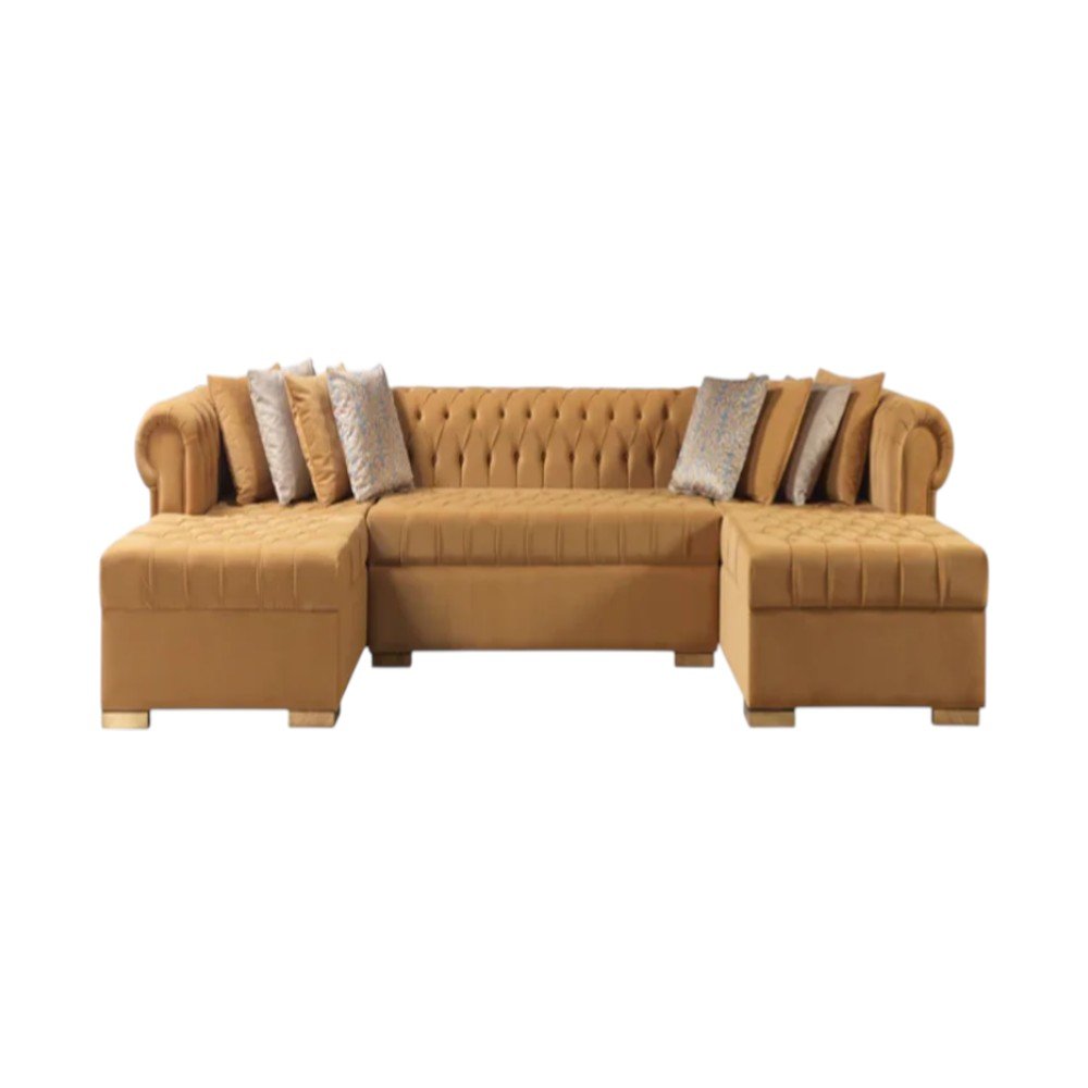 Mustard Velvet U Shaped Three Piece Sofa and Chaise Sectional With Toss Pillows HomeRoots
