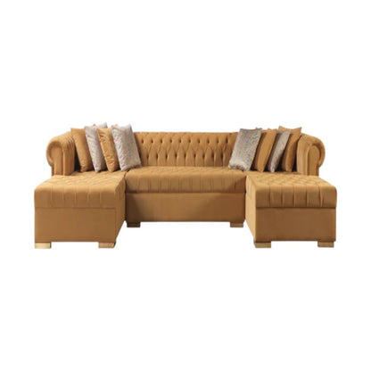 Mustard Velvet U Shaped Three Piece Sofa and Chaise Sectional With Toss Pillows HomeRoots